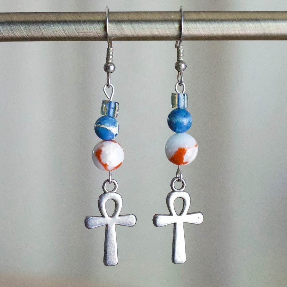 Handmade Silver‎ Ankh Cross Beaded Drop Earrings Blue Orange White Egyptian Boho